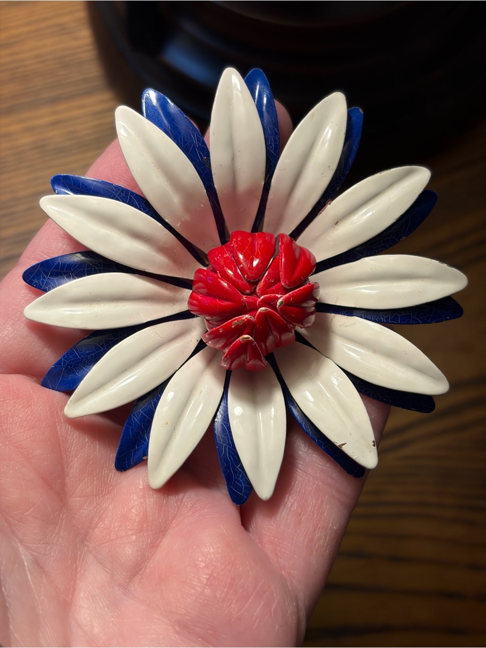Vintage Jewelry Patriotic 1970s Red White and Blue Enamel Metal Flower Brooch